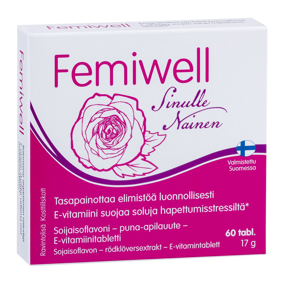 Femiwell c фитоэстрогенами (изофлавонами сои, красный клевер) и витамин Е, 60 табл. (из Финляндии)