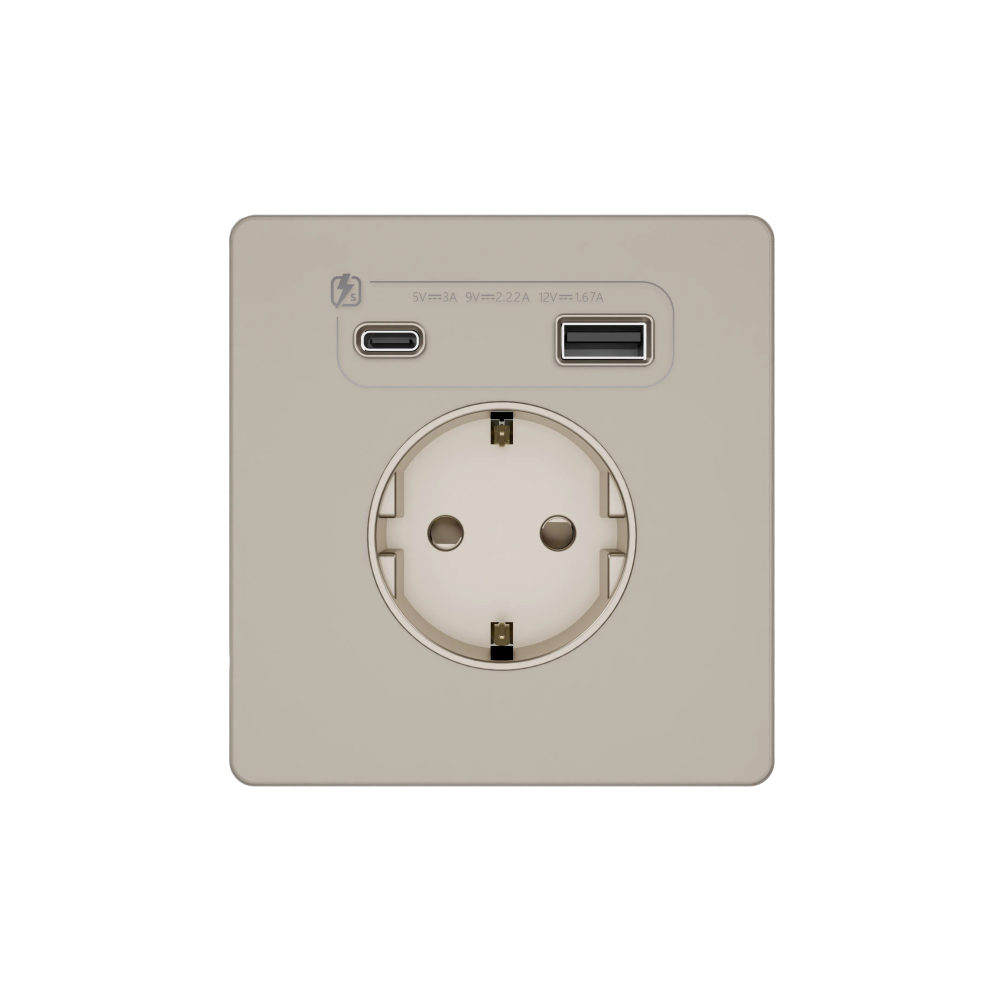 Systeme Infinity, Розетка С/У с ЗК и зар.устр.USB А+С 20Вт (250В, 16А, защит.шторки), Песчаный берег