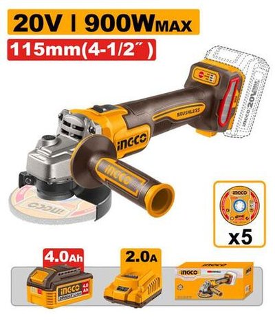 Аккумуляторная УШМ 20В, BL 115мм 1хАКБ 4Ач и ЗУ 2А SUPER INGCO CAGLI261521 INDUSTRIAL