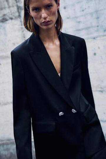 ZARA ДВУБОРТНЫЙ САТИНОВЫЙ БЛЕЙЗЕР, ЧЕРНЫЙ