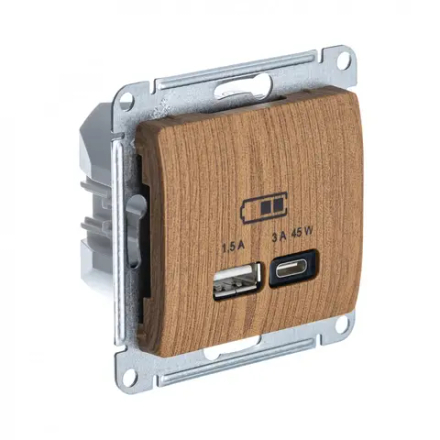 GLOSSA USB РОЗЕТКА A + тип-C 45Вт высокоскор.заряд. QC, PD, механизм, ДУБ