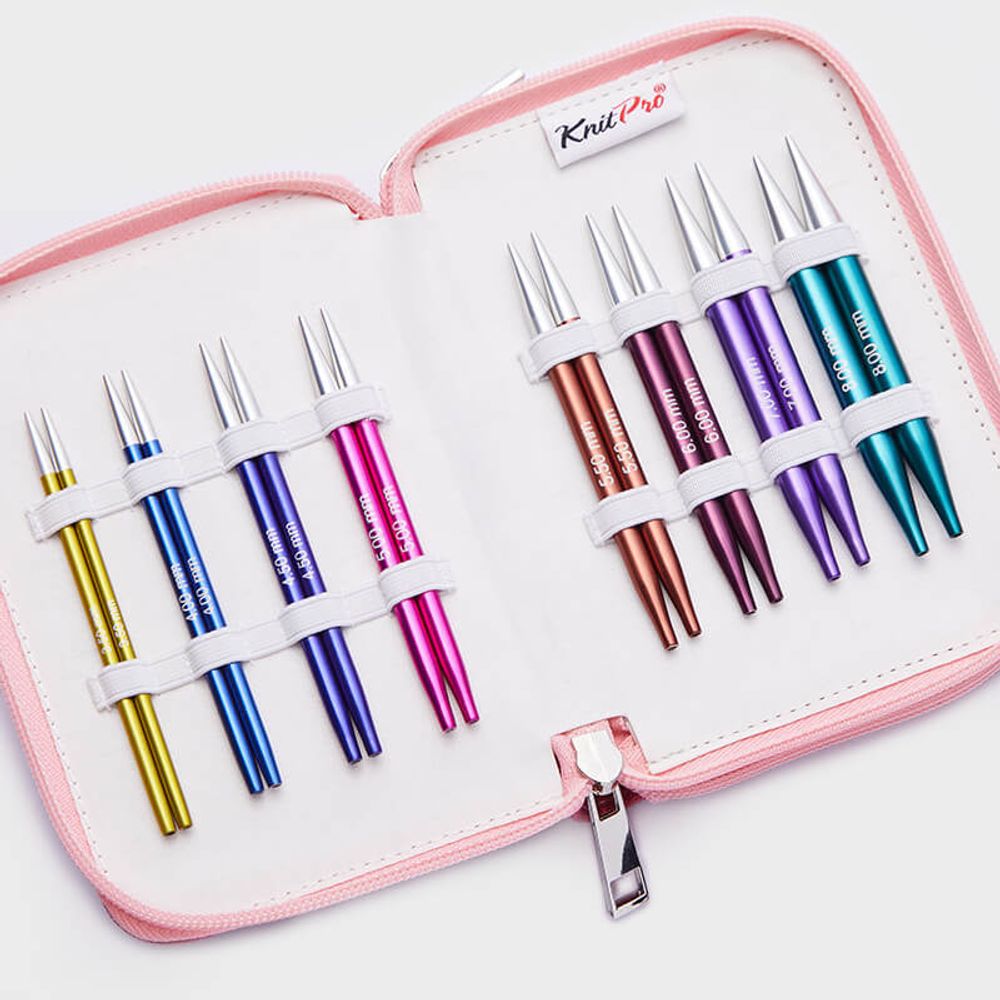 Набор укороченных съемных спиц Knit Pro Zing Deluxe Set, алюминий, 8 видов спиц (новый дизайн 47409), 47425
