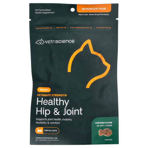 VetriScience, GlycoFlex® Plus, здоровье бедер и суставов, для всех кошек, со вкусом курицы, 30 жевательных таблеток, 60 г (2,12 унции)