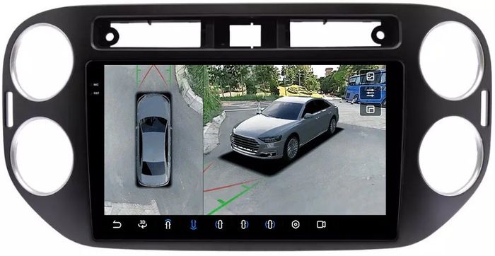 Магнитола для Volkswagen Tiguan 1 2011-2016 (аварийка прямоугольная, рамка чёрная) - FarCar BX489M-360 монитор 9.5" 2K QLED на Android 13, Быстрая, CarPlay, 4G SIM-слот, 4 камеры в комплекте