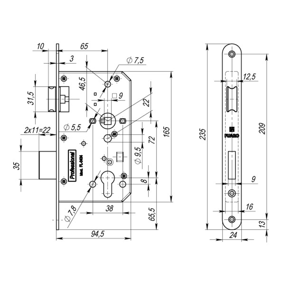 Корпус врезного замка c защёлкой FP.C-65.72-0434 (FL-0434)