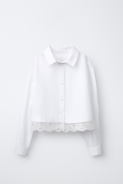 ZARA РУБАШКА С КРУЖЕВНОЙ ОТДЕЛКОЙ, БЕЛЫЙ