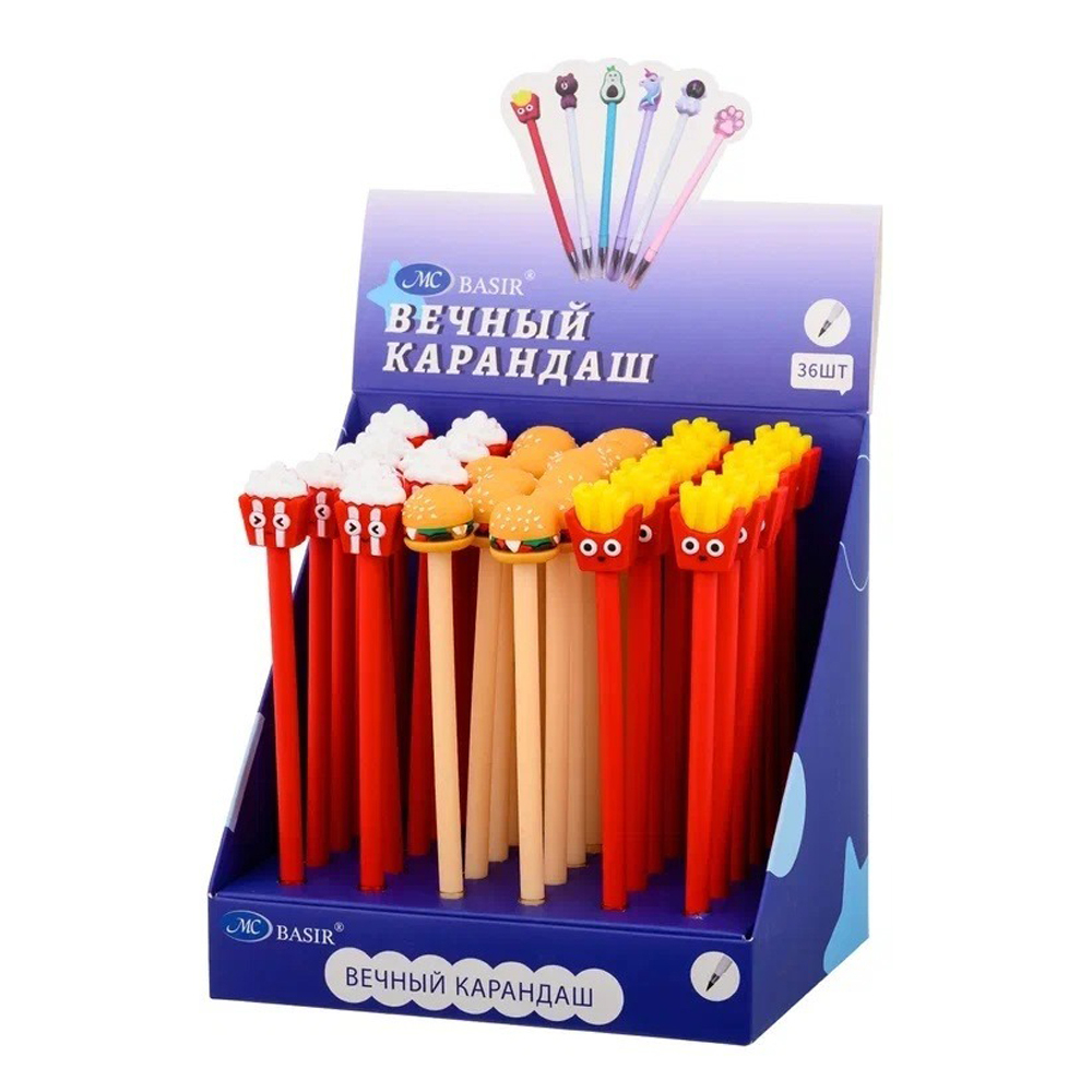 Карандаш вечный, чернографитный, Basir, серия "Фаст фуд", с фигуркой на наконечнике, 3 цвета корпуса, 36 шт