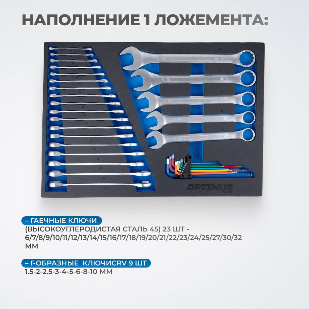 OPT-717M Тележка инструментальная, 7 полок с набором инструментов, металлическая столешница