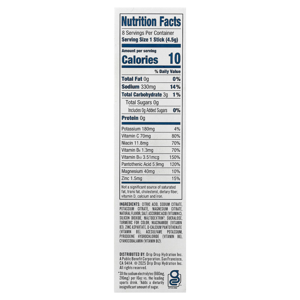 DripDrop, Electrolyte Drink Mix, Zero Sugar, Lemon Lime, 8 Sticks, 0.16 oz (4.5 g) Each