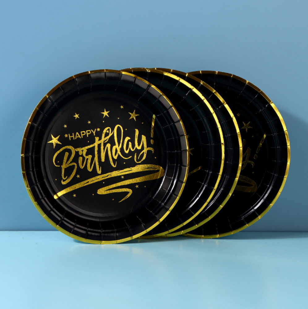 Тарелки одноразовые праздничные "Black Gold Birthday"