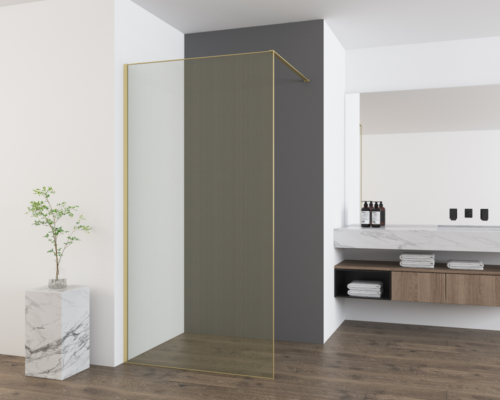 Душевая перегородка Vincea Волк-Ин (Walk-In) VSW-7HS100GWG, 1000*2000, браш.золото, стекло ламинир. с золотыми нитями