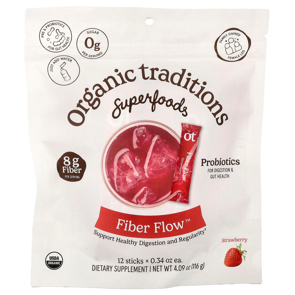 Organic Traditions, Fiber Flow™, со вкусом клубники, 12 стиков по 9,7 г (0,34 унции)
