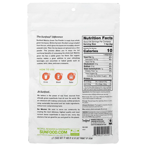 Sunfood, Superfoods, органический матча в порошке, 113 г (4 унции)