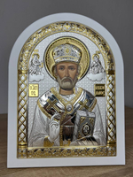 Николай Чудотворец, икона арочная, белое дерево 150х200