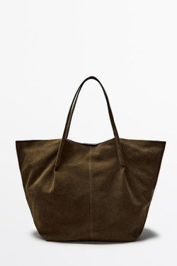 Massimo Dutti Сумка-шопер из кожи и замши, хаки