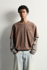 ФУТБОЛКА С РУКАВАМИ С ЭФФЕКТОМ МНОГОСЛОЙНОСТИ В КЛЕТКУ — ZARA