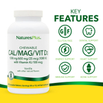 NaturesPlus, жевательные кальций, магний, витамин D3 с витамином K2, ваниль, 60 жевательных таблеток