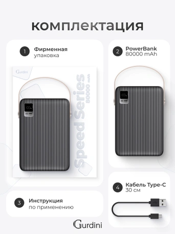 Дополнительный аккумулятор Gurdini Speed Series PD+LCD 22.5W GPPD-08B 80000 mAh Black