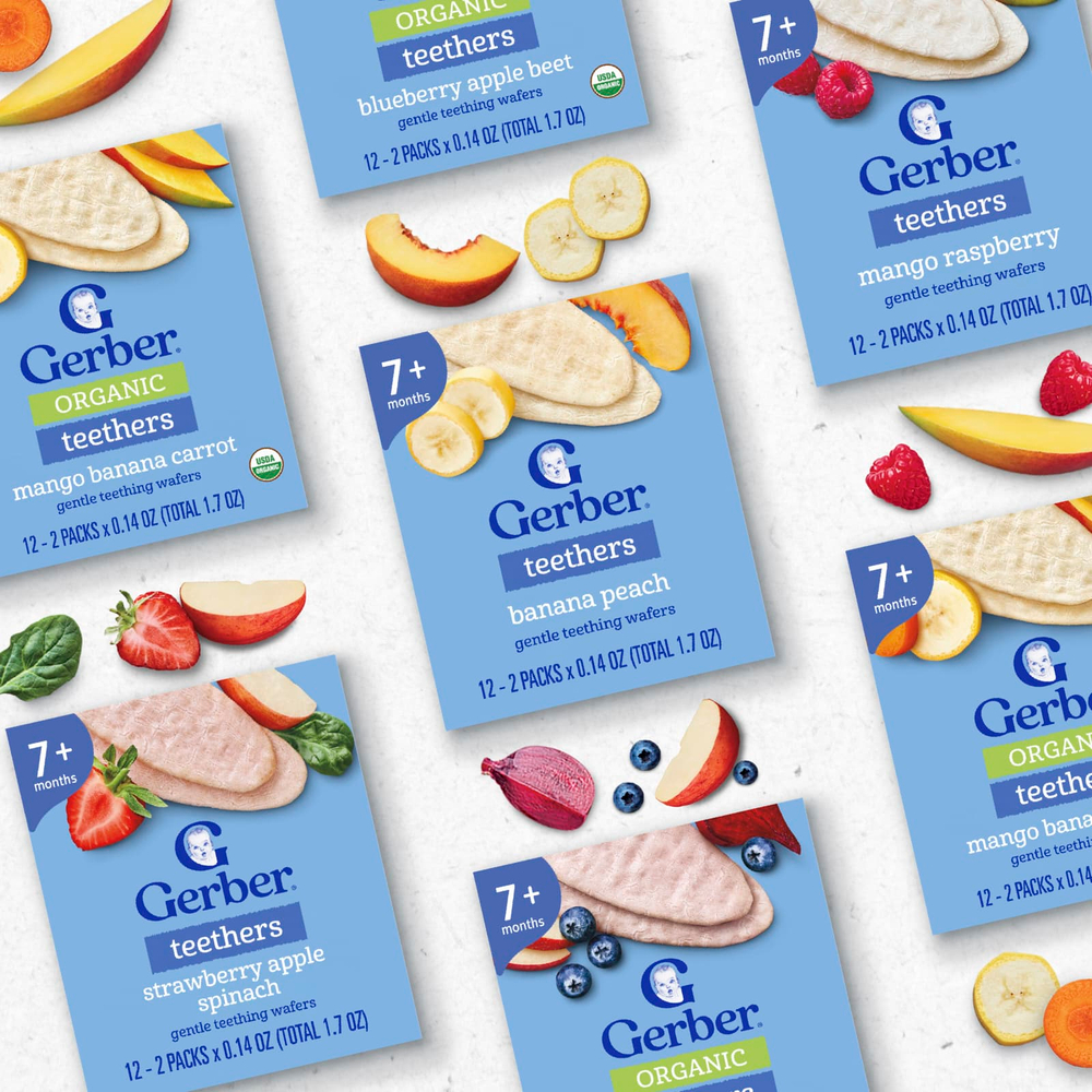 Gerber, органические прорезыватели, вафли для нежного прорезывания зубов, для детей от 7 месяцев, голубика, яблоко и свёкла, 12 пакетиков по 2 шт. в индивидуальной упаковке по 4 г (0,14 унции)