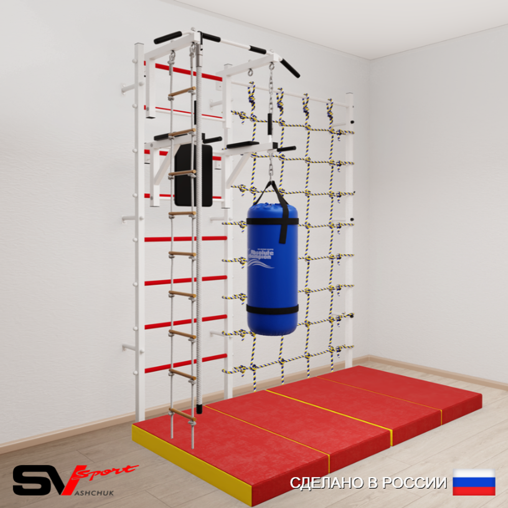 Шведская стенка Sv Sport усиленная 67560 (Турник стандарт/Брусья/Канат/Лестница/Цепь/Мешок 22кг/Мат 2м/Канатный лаз)