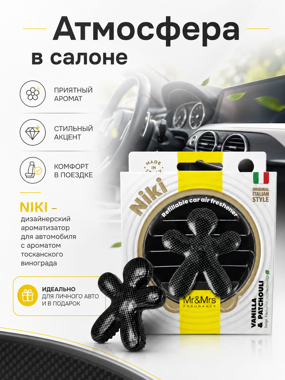 Mr&Mrs Fragrance Дизайнерский ароматизатор для автомобиля карбон НИКИ тосканский виноград