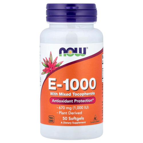 NOW Foods, E-1000 со смешанными токоферолами, 670 мг (1000 МЕ), 50 мягких таблеток