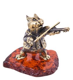 Народные промыслы AM-3864 Фигурка «Кот Скрипач» (латунь, янтарь)