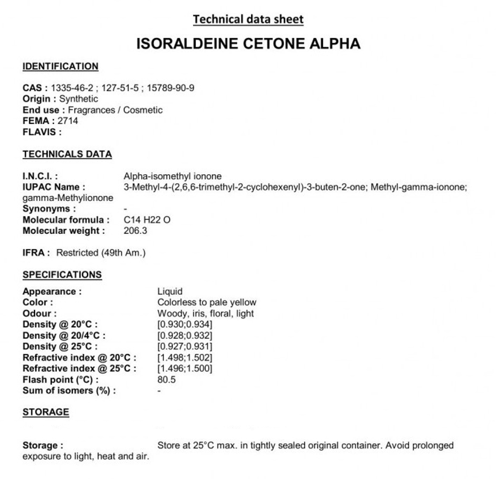 ISORALDEINE CETONE ALPHA / ИЗОРАЛЬДЕИН ЦЕТОН АЛЬФА CAS 1335-46-2 ; 127-51-5 ; 15789-90-9
