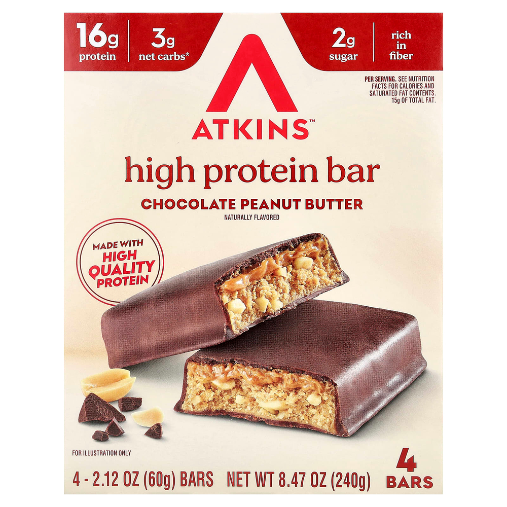 Atkins, высокопротеиновый батончик, шоколад и арахисовая паста, 4 батончика по 60 г (2,12 унции)