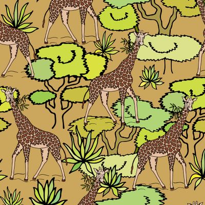 Seamless pattern of giraffes, trees, grass.