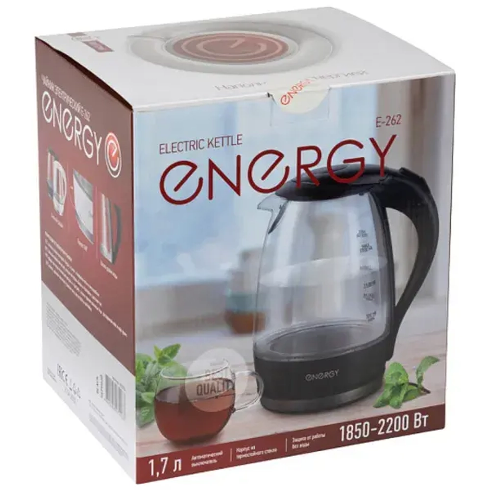 Чайник стеклянный 1,7л «ENERGY» черный E-262