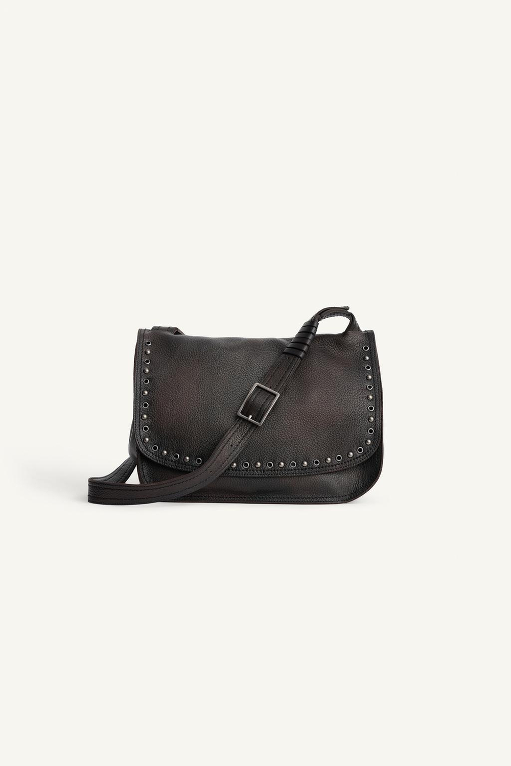 ZARA КОЖАНАЯ СУМКА ЧЕРЕЗ ПЛЕЧО С ЗАКЛЕПКАМИ, ЧЕРНЫЙ