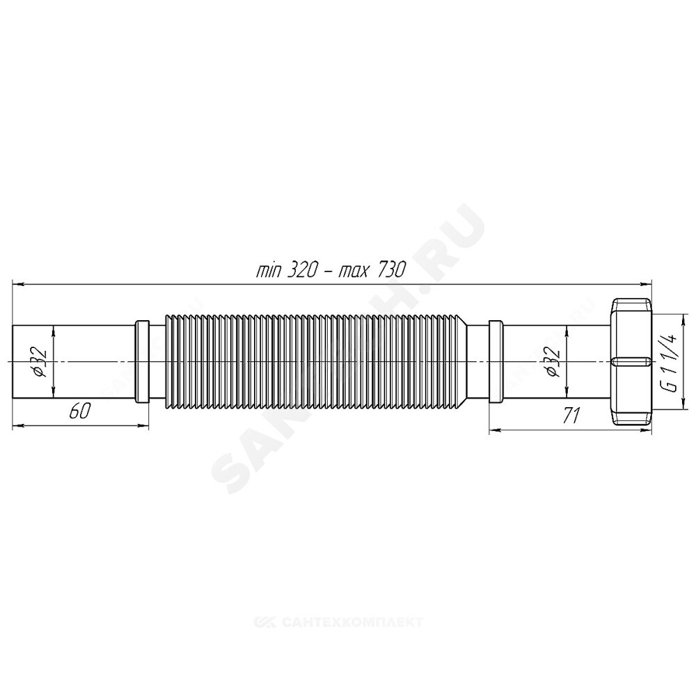 Гофра с гайкой 1 1/4"x32 L=320-730мм АНИ Пласт K203