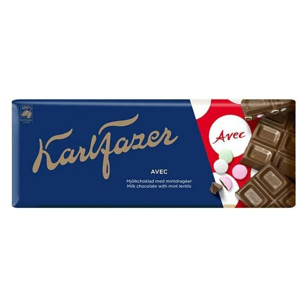 Шоколад молочный Karl Fazer AVEC с шоколадным драже со вкусом перечной мяты, 180 г (из Финляндии)