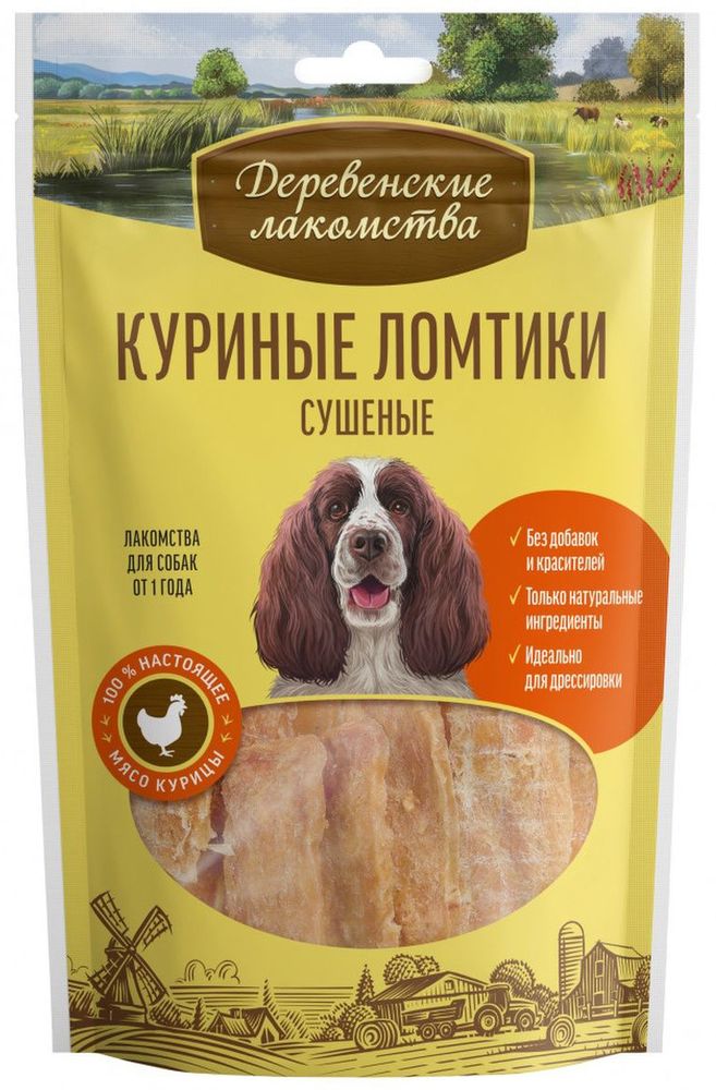 Лакомство Деревенские лакомства для собак, куриные ломтики сушеные, 90 г