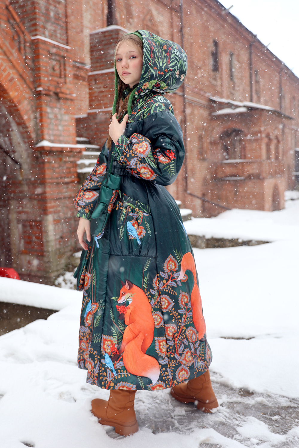 Coat "Honey raf. Foxes in snowdrops"