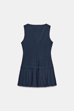 ZARA КОРОТКОЕ ПЛАТЬЕ В СКЛАДКУ В КЛЕТКУ, МОРСКОЙ СИНИЙ