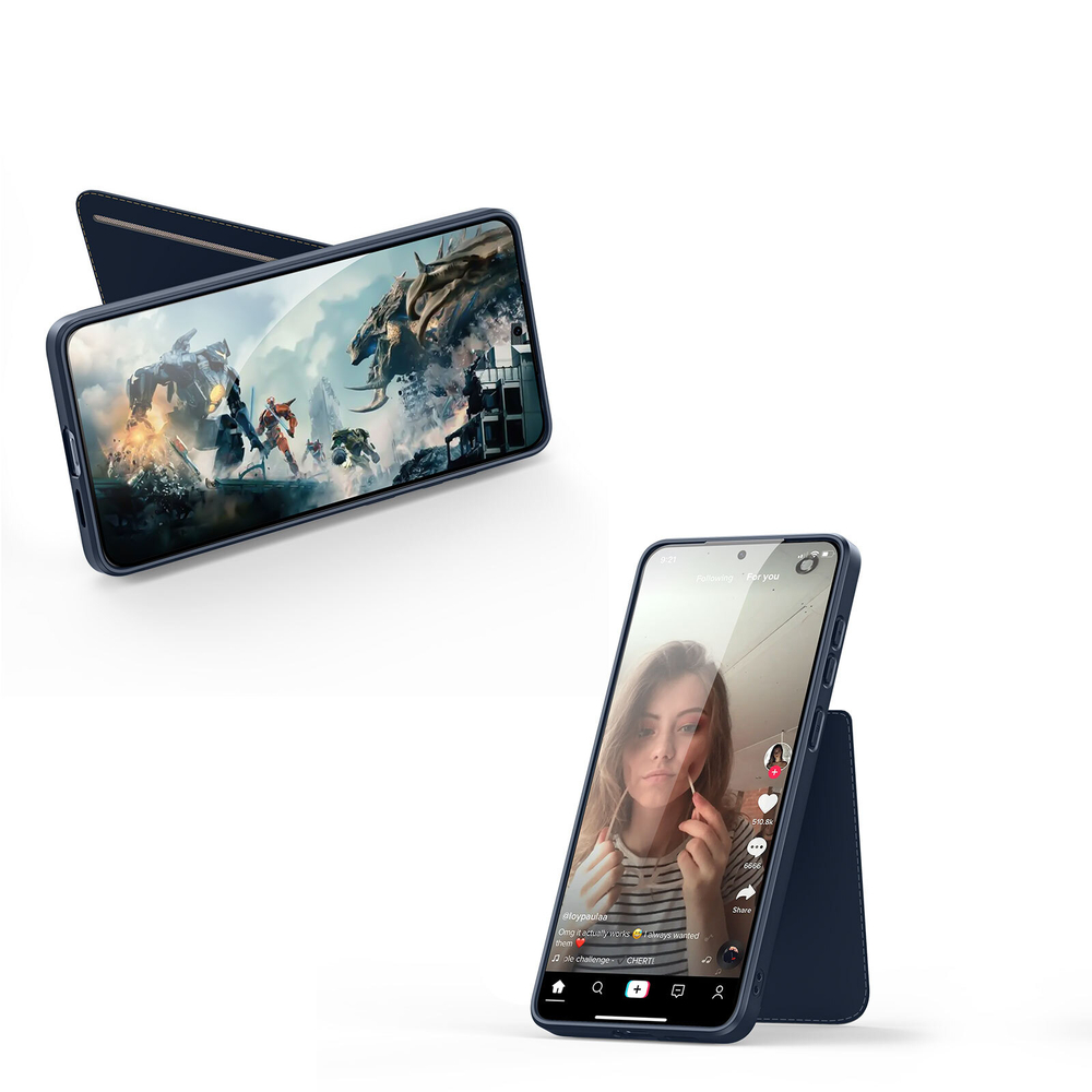 Чехол синего цвета с MagSafe и подставкой-картхолдером от Dux Ducis для Samsung Galaxy S25 Edge, серия Rafi II Mag Series