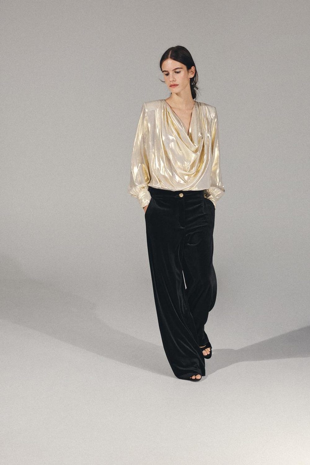 ZARA БАРХАТНЫЕ БРЮКИ ПАЛАЦЦО, ЧЕРНЫЙ
