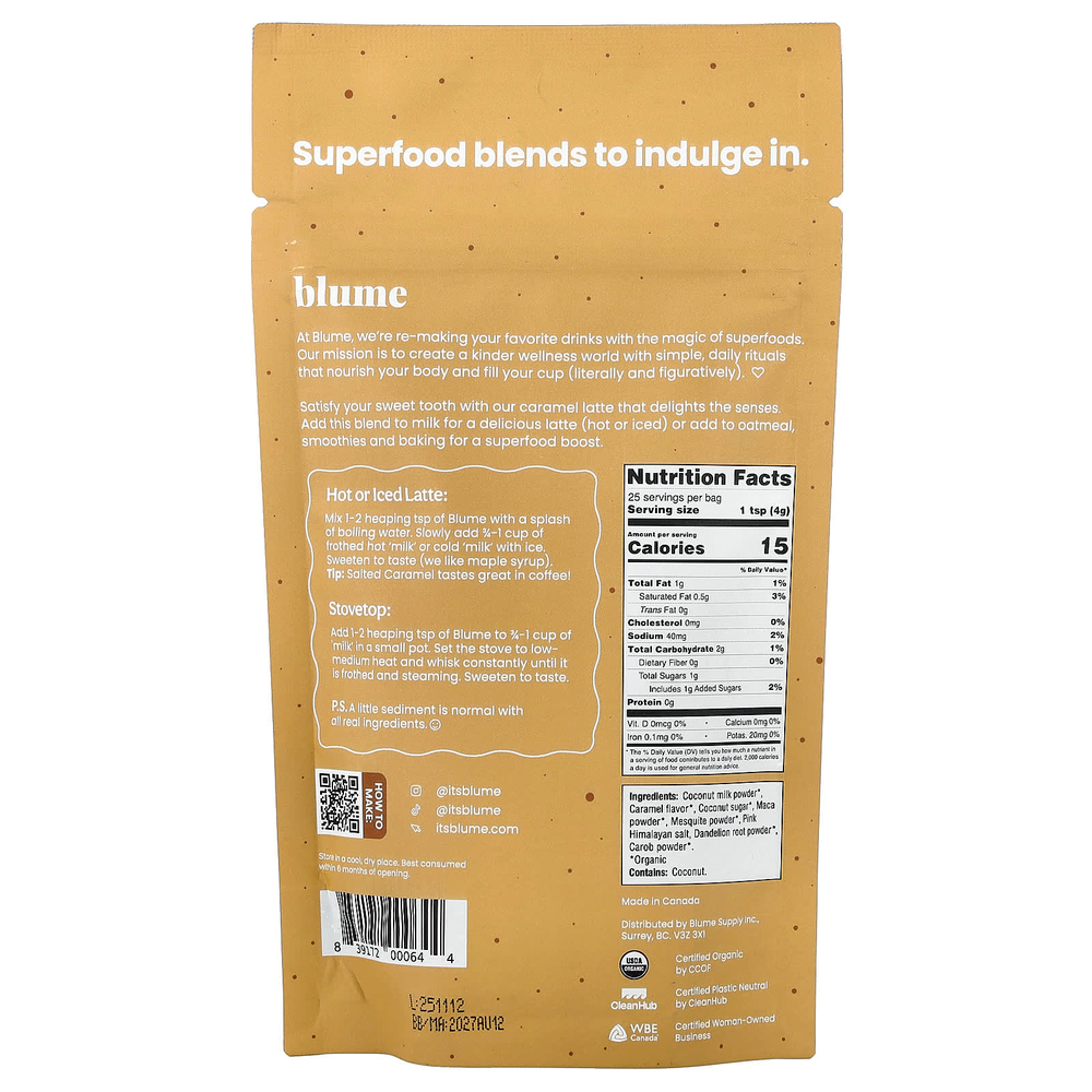 Blume, латте с суперфудами, соленая карамель, без кофеина, 100 г (3,5 унции)