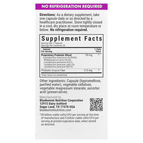 Bluebonnet Nutrition, пребиотик и пробиотик, 30 растительных капсул