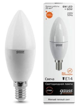 Лампа свеча Gauss Elementary LED 6W Е14 3000K AC220-240V 33116