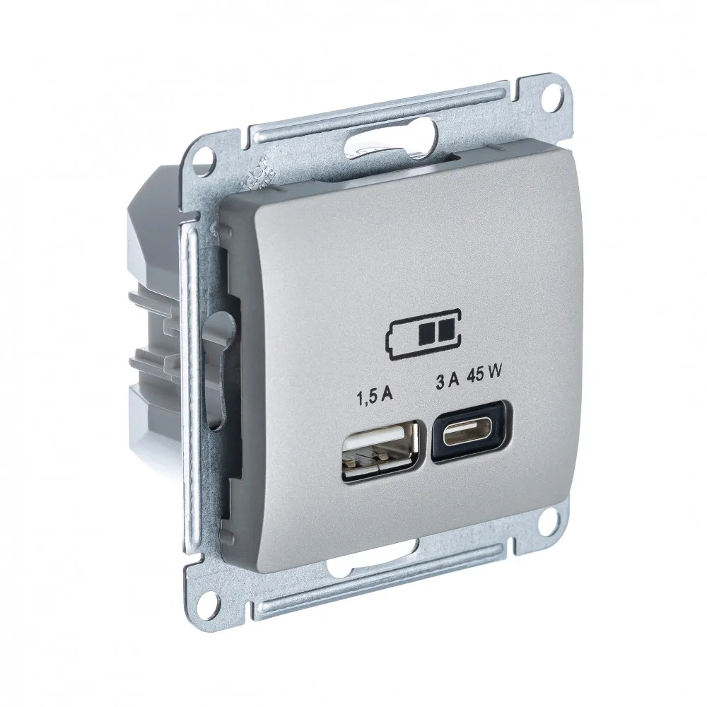 GLOSSA USB РОЗЕТКА A + тип-C 45Вт высокоскор.заряд. QC, PD, механизм, ПЛАТИНА