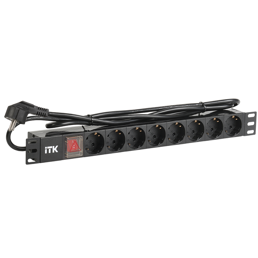 ITK Блок розеток в шкаф 19" 1U, 8 гнезд, шнур 2м, с LED выключателем