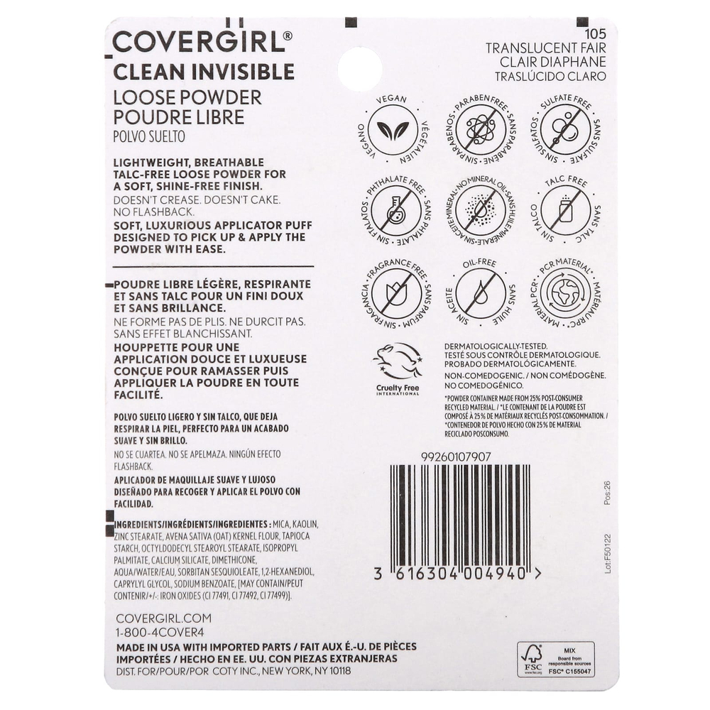 Covergirl, Clean Invisive, рассыпчатая пудра, оттенок 105 полупрозрачный светлый, 18 г (0,63 унции)