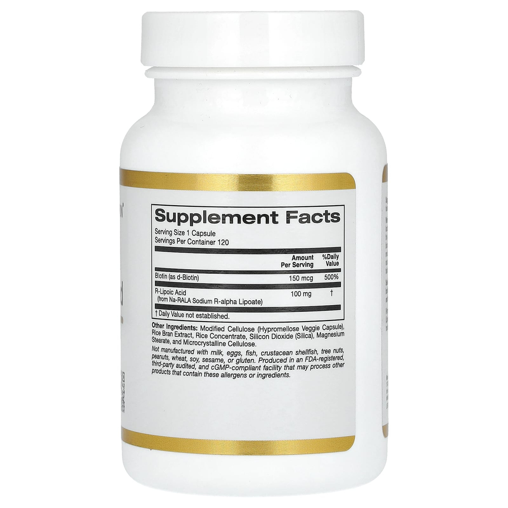 California Gold Nutrition, стабилизированная R-липоевая кислота с Na-RALA Bio-Enhanced® и биотином, 120 растительных капсул