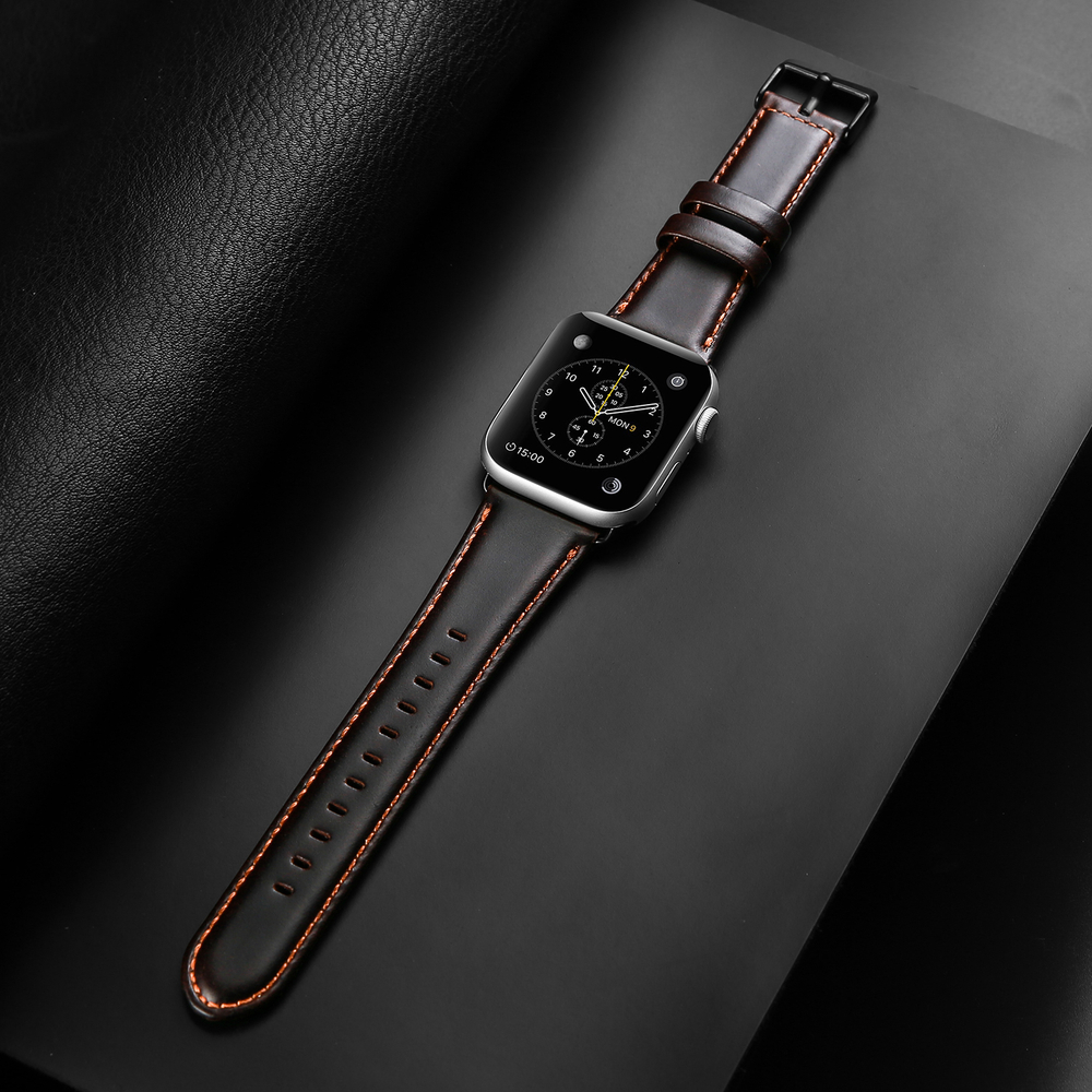 Ремешок из натуральной кожи кофейного цвета от Dux Ducis для смарт часов Apple Watch 42, 44, 45, 46, 49мм, серия Business Series