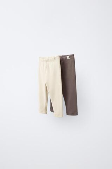 ZARA НАБОР ИЗ ДВУХ ОДНОТОННЫХ ЛЕГИНСОВ В РУБЧИК, ЭКРЮ/КОРИЧНЕВЫЙ