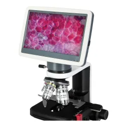 Микроскоп цифровой Levenhuk D450L LCD 7" - вид спереди с включенным дисплеем и объективами