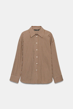 ZARA РУБАШКА ОВЕРСАЙЗ ИЗ ПОПЛИНА В ПОЛОСКУ, КОРИЧНЕВЫЙ/ЭКРЮ
